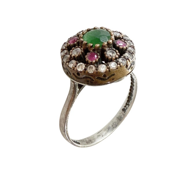 Vintage Natural Ruby, Emerald & Diamond Ring Sterling Silver Size 7 For Sale - Image 4 of 10