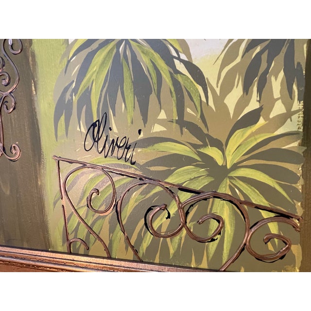 Light-Up Mid-Century Tropical Courtyard Oil Painting For Sale - Image 4 of 5