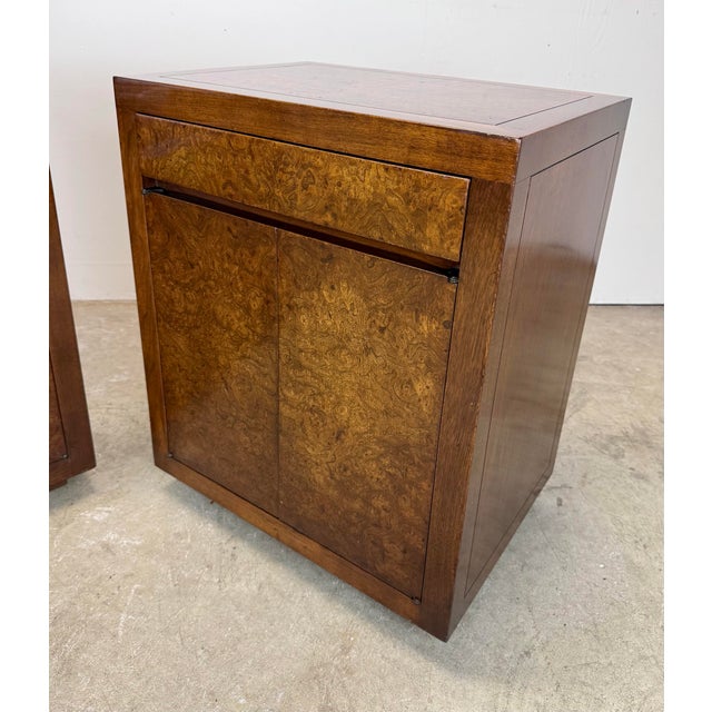 1970s Mid Century Modern Milo Baughman Style Burlwood & Walnut Nightstands For Sale - Image 5 of 12