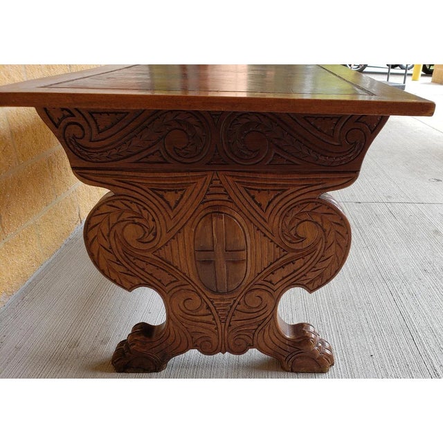 Wood Antique Belgium Console Trestle Table With Leather Top For Sale - Image 7 of 11