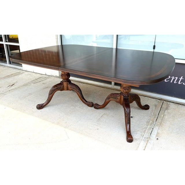 Drexel Heritage Banded Mahogany Double Pedestal Dining Table With Two Leaves For Sale - Image 9 of 17