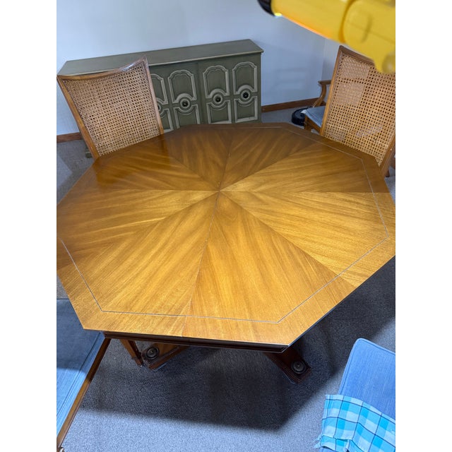 Traditional 1960s Weiman Sunburst Octagonal Dining Table and Cane-Back Chairs For Sale - Image 3 of 12