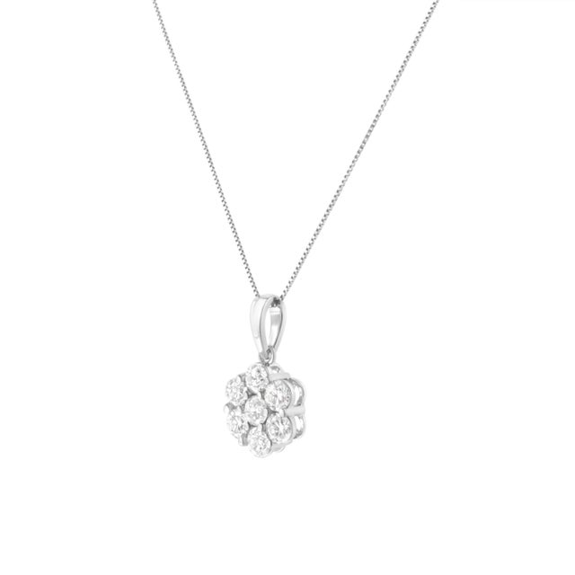 Contemporary 14K White Gold 2.00 Cttw Brilliant Round-Cut Diamond 7 Stone Flower Cluster 18" Pendant Necklace For Sale - Image 3 of 6