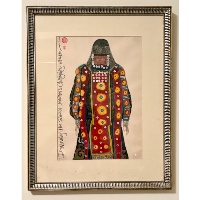 An Indigenous cultural concept painting depicting a figure in traditional patterned regalia with intricate beadwork and a...