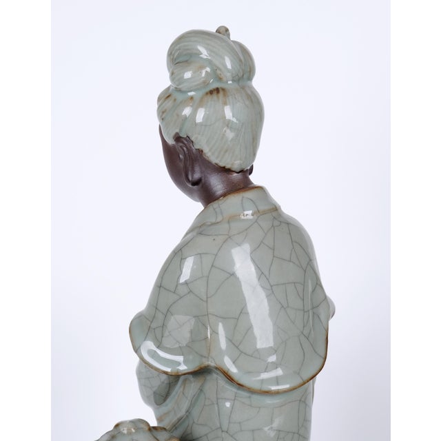Celadon Antique Guanyin (Kwan Yin) Goddess of Mercy Buddha Late 19th / Early 20th Century Celadon Color W/ Craquelure Splendid Statue/Sculpture Vg+ For Sale - Image 8 of 12