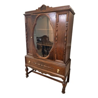 Jacobean Antique 1920s Walnut China Cabinet For Sale