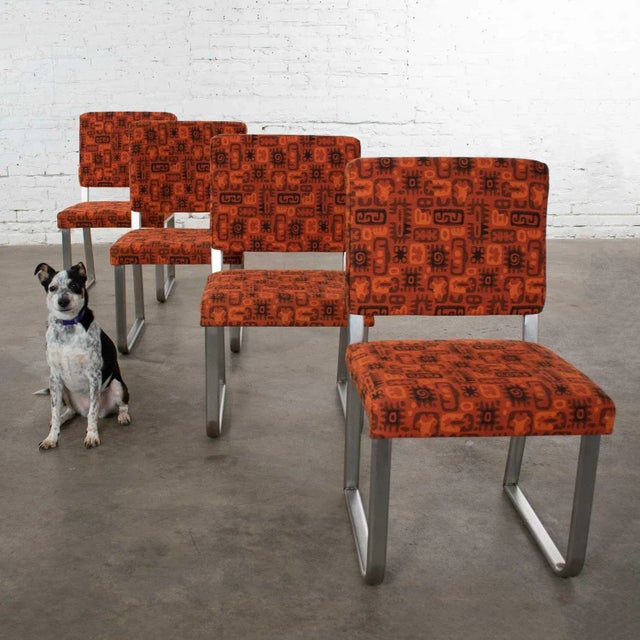 Art Deco to Streamline Modern Railroad Dining Car Chairs in Stainless Steel & Orange Abstract Upholstery For Sale - Image 4 of 12
