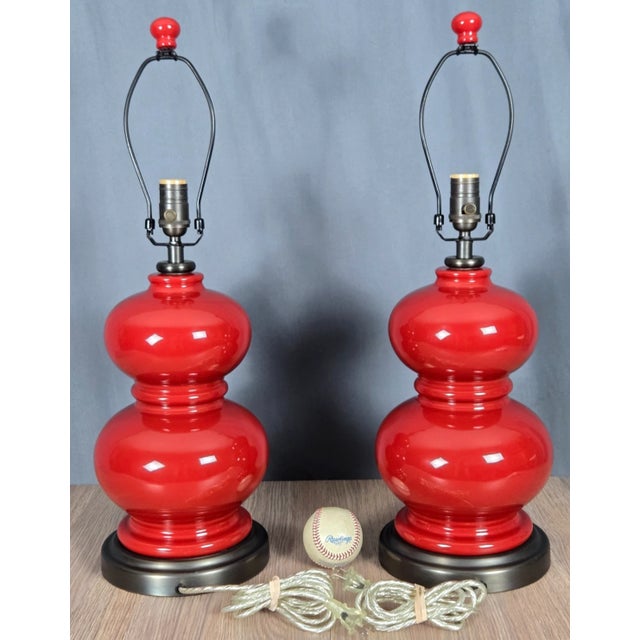 Pottery Barn Pair Double Gourd Chinese Porcelain Rare Red Glaze Pottery Barn Table Lamps For Sale - Image 4 of 14