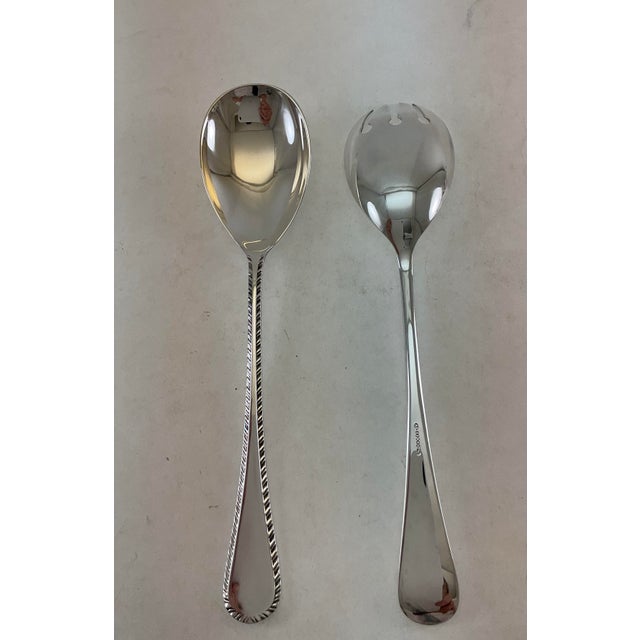 1980s Silver Pair Salad Servers, Salad Spoon & Salad Fork, Feather Edge For Sale - Image 12 of 14