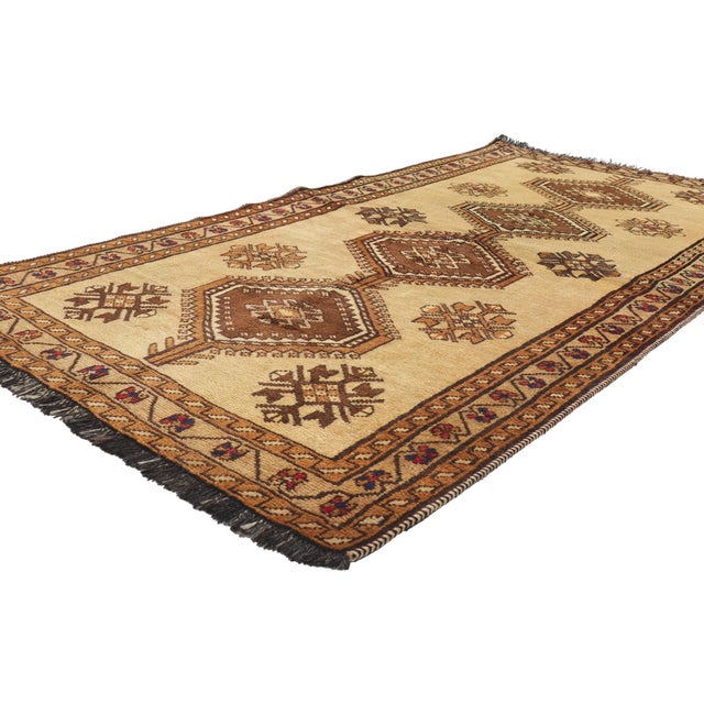 75052 Vintage Persian Shiraz Rug, 03'09 x 07'05. In the timeless tradition of Persian artistry, this hand-knotted wool...