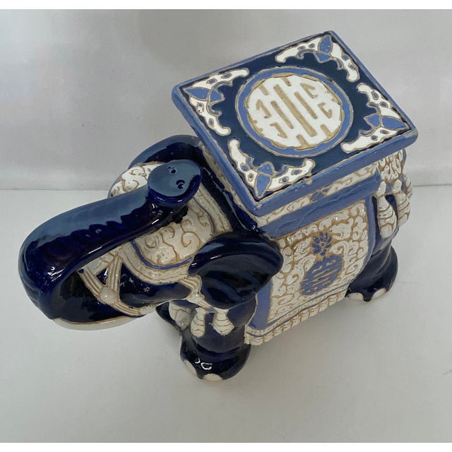 1970s Mid Century Majolica Blue & White Elephant Garden Seat For Sale - Image 5 of 9