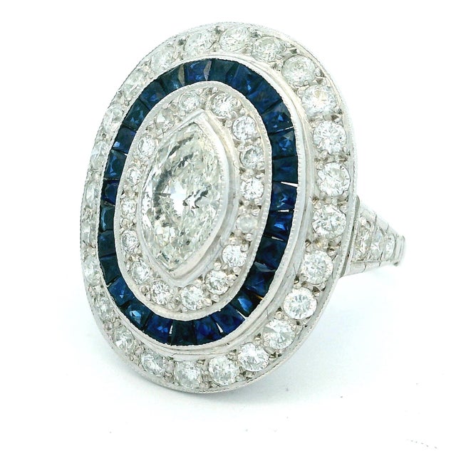 Art Deco Platinum Diamond and Calibré Sapphire Navette Ring, Circa 1920, Size 6 For Sale - Image 4 of 12