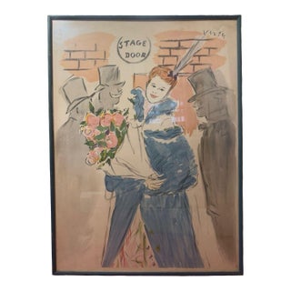 Mid Century French Stage Door Illustration in the Style of Marcel Vertès Framed Gouache Ink Work on Paper For Sale