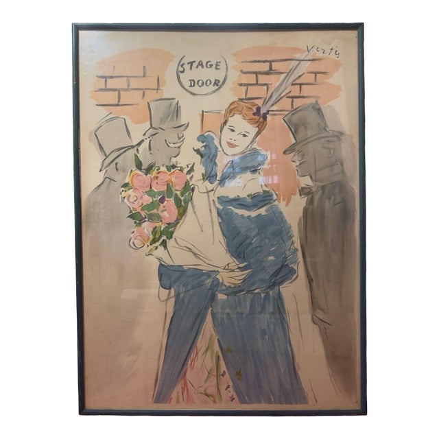 Mid Century French Stage Door Illustration in the Style of Marcel Vertès Framed Gouache Ink Work on Paper For Sale