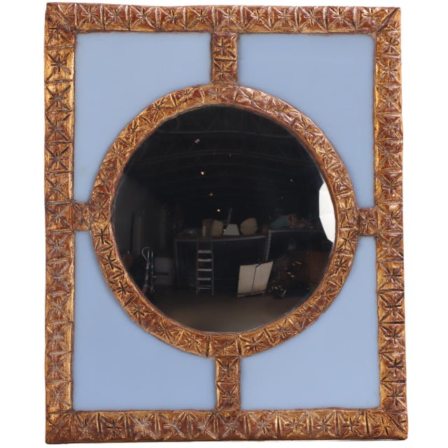 A striking artist-made round mirror distinguished by its dramatic geometric surround of hand-crafted gold resin elements,...