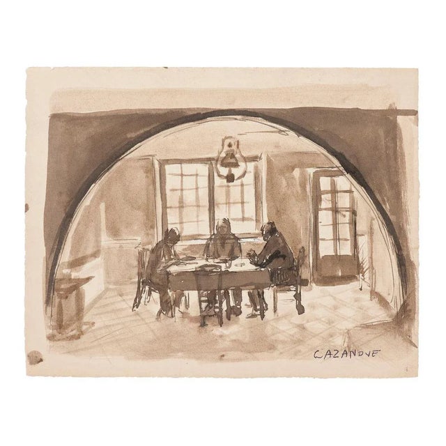 Interior is an original drawing in watercolor on creamy paper, realized by R. Cazanove. Hand-signed on the lower right....