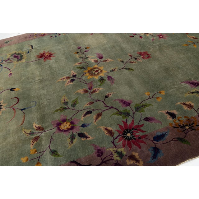 Antique 1920s Art Deco Chinese Nichols Rug in Sage Green & Plum Floral Design For Sale In New York - Image 6 of 12