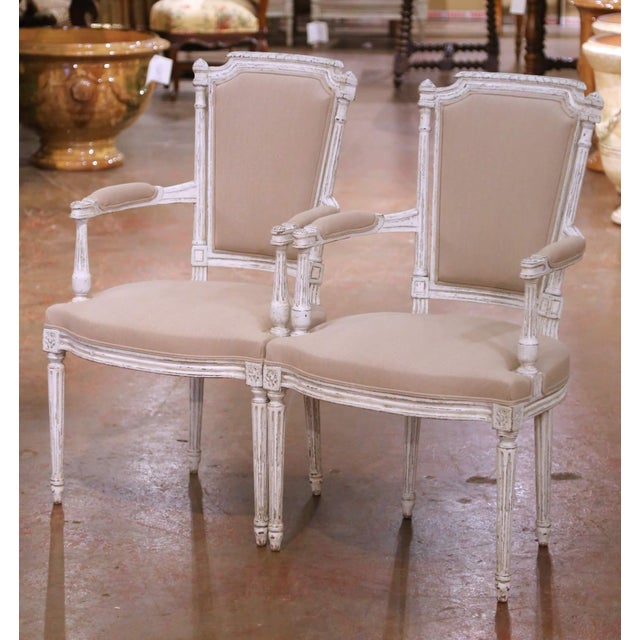 Late 19th Century Pair of 19th Century French Louis XVI Painted Armchairs With Upholstered Seats For Sale - Image 5 of 10