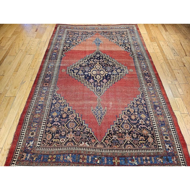 Traditional 19th Century Persian Bidjar Rug, Geometric Pattern, Handwoven Wool, Red & French Blue, 8’ X 12’ For Sale - Image 3 of 11