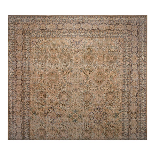 1920s Beige Medallion Traditional Antique Persian Kirman Rug 15'6" X 22'2" Handknotted Wool Carpet For Sale