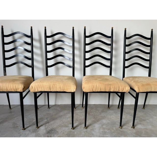 1970s Vintage Italian Gio Ponti-Style High Ladder Back Metal Dining Chairs With Brasset of 6/ Sold For Sale - Image 4 of 12