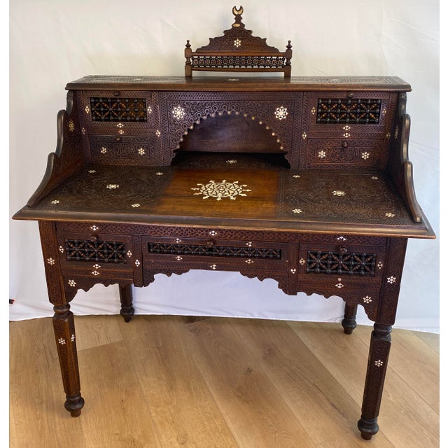 Brown Antique Moorish Style Inlaid Desk and Chair Set For Sale - Image 8 of 14