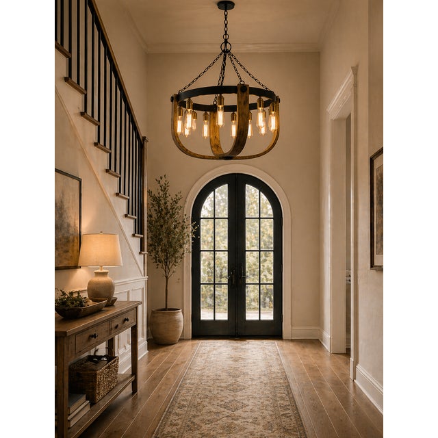 2010s Apulia Rustic Wood & Iron Chandelier, 30" Round, 8-Light Industrial Farmhouse, New in Box For Sale - Image 5 of 6