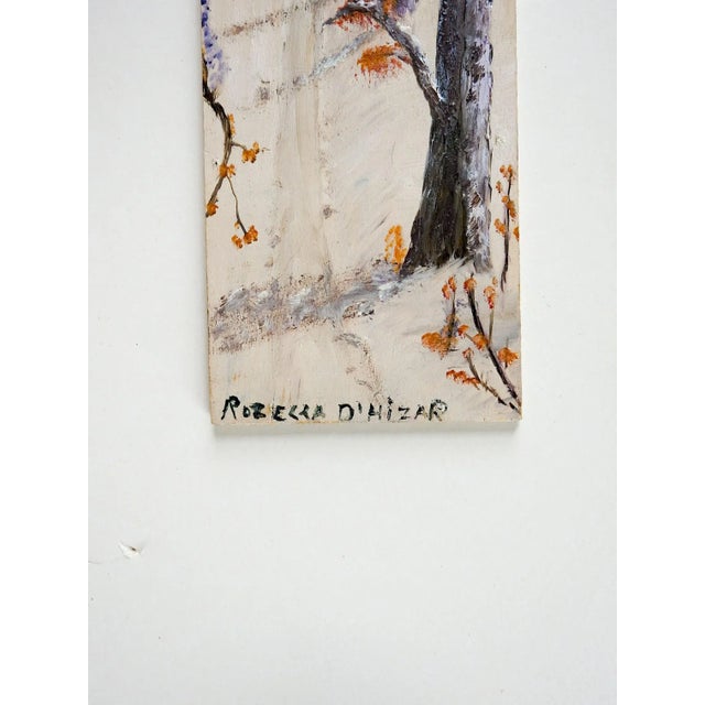 Antique circa 1915 oil on wood board folk art winter forest scene painting, wood is from an old tobacco crate . Signed...