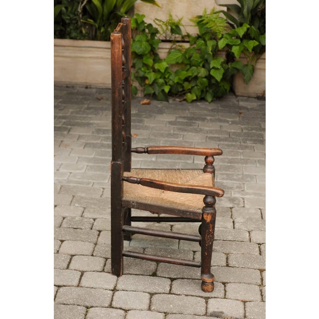 English 1780s Oak William and Mary Style Open Arm Youth Chair with Rush Seat For Sale In Atlanta - Image 6 of 11