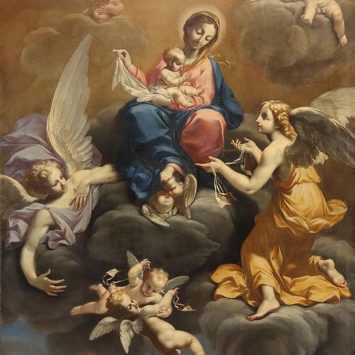 Emilian School, Madonna with Child and Angels, 18th Century, Oil on Canvas For Sale - Image 3 of 15