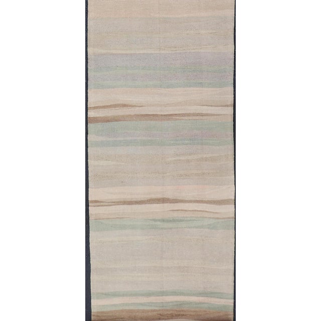 Tribal Subtle Horizontal Stripe Design Turkish Vintage Kilim Runner in Soft Pastels For Sale - Image 3 of 12