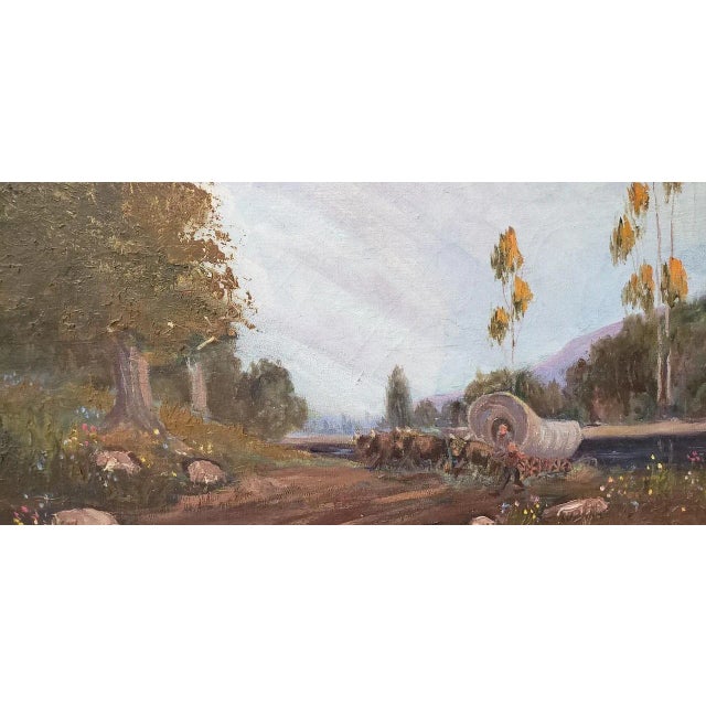 Green Western Mountain Landscape With Oxen Wagon 20th C. For Sale - Image 8 of 10