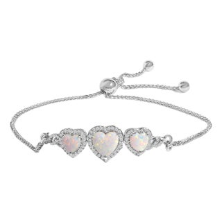 .925 Sterling Silver Created Opal Triple Heart and White Sapphire Bolo Bracelet For Sale