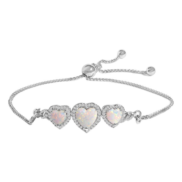 .925 Sterling Silver Created Opal Triple Heart and White Sapphire Bolo Bracelet For Sale