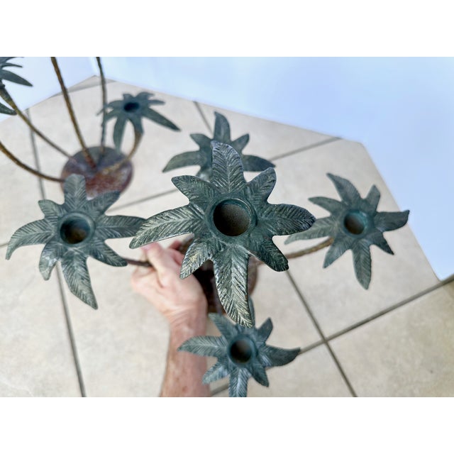 Pair Patinated Tole Metal Palm Tree 5 Arm Candlestick Holders For Sale - Image 9 of 15