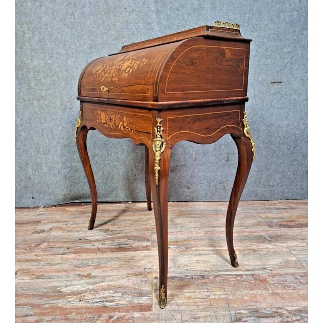 Wood Louis XV Cylinder Desk in Marquetry and Gilt Bronze For Sale - Image 7 of 10