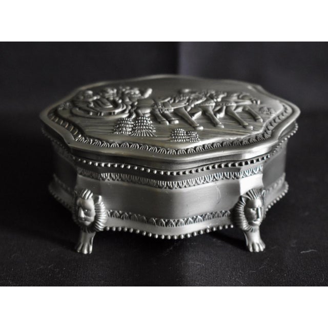 1920s Vintage Metal Trinket Box Lion Paw Feet Santa Sleigh Jewelry Box Velvet Lined For Sale - Image 5 of 15