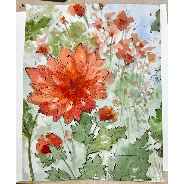 Contemporary Original Watercolor Painting of “Orange Dahlias” For Sale - Image 3 of 9