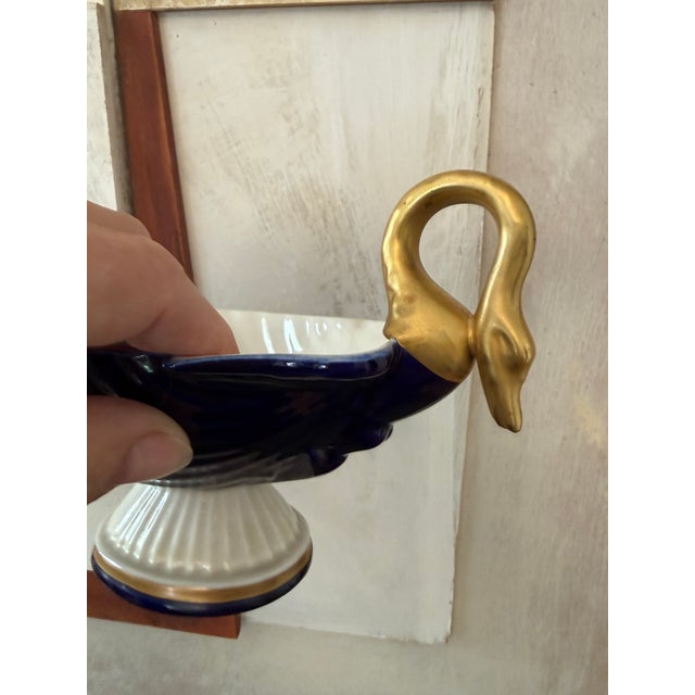 Vintage Italian Cobalt Blue Swan Shell Dish | Gold Gilt Porcelain Vanity Trinket Bowl | Bassano Italy 1960s–70s For Sale - Image 9 of 12