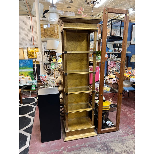 70s Hollywood Regency Faux Gold Leaf 5 Shelf Narrow Lighted Wood
