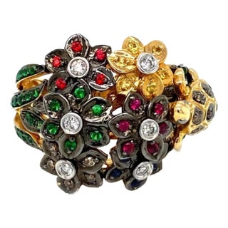 Diamond & Gems 14k Gold Flowers & Turtle Ring, Size 7 For Sale