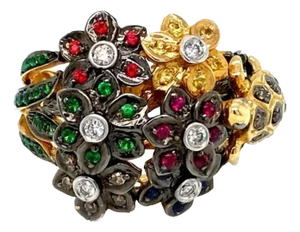 Diamond & Gems 14k Gold Flowers & Turtle Ring, Size 7