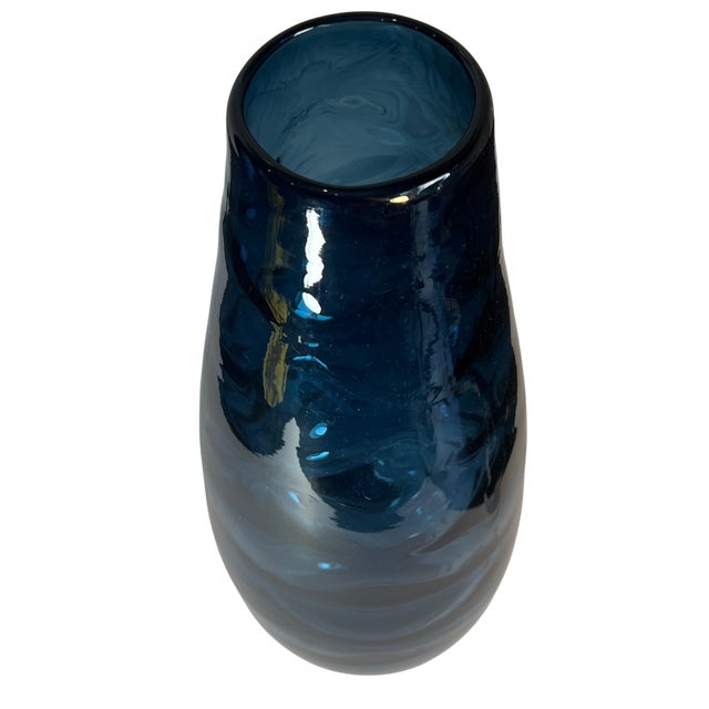 Mid-Century Modern 14+ In, Tall Art Glass Wavy Pattern Blue Vase For Sale - Image 3 of 12