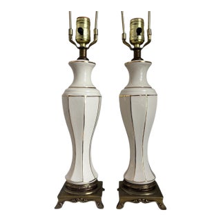Vintage Cream Brass Gold Hollywood Regency Gilded Porcelain Boudoir Table Lamps - a Pair For Sale