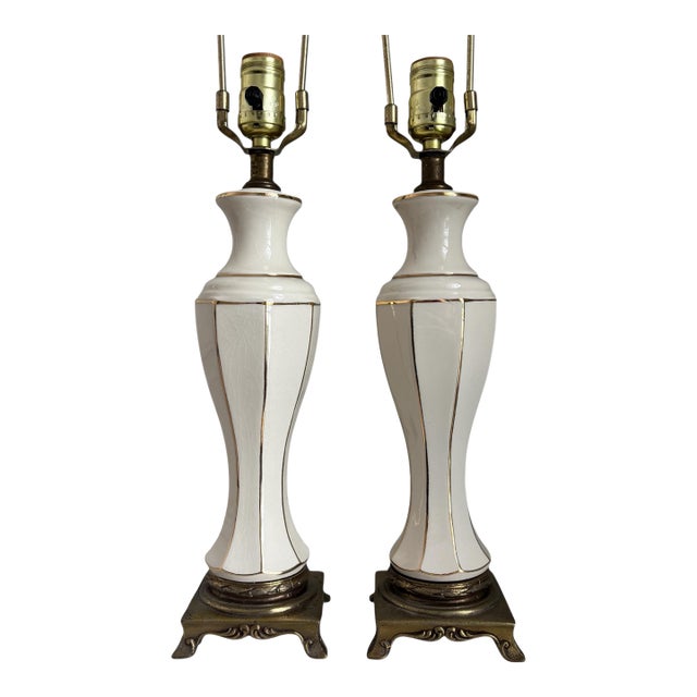 Vintage Cream Brass Gold Hollywood Regency Gilded Porcelain Boudoir Table Lamps - a Pair For Sale
