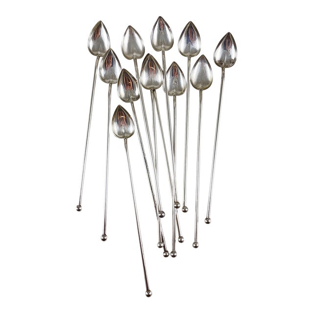 Sterling Silver Highball or Iced Tea Heart Bowl Stirring Straws, Set of 12 For Sale