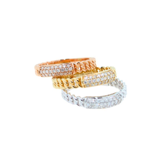 Brilliant Cut Diamond Pave Set Medium Stackable Curb Link Cocktail Statement Fashion Multi Wear 14 Karat Three Tone Gold...