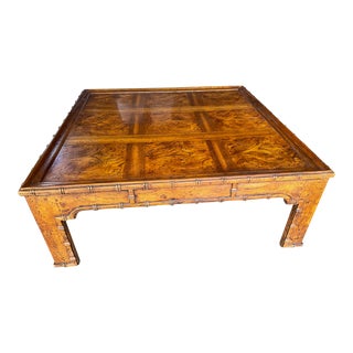 1970s Drexel Heritage Vintage Burl and Faux Bamboo Coffee Table With Chinoiserie Style For Sale