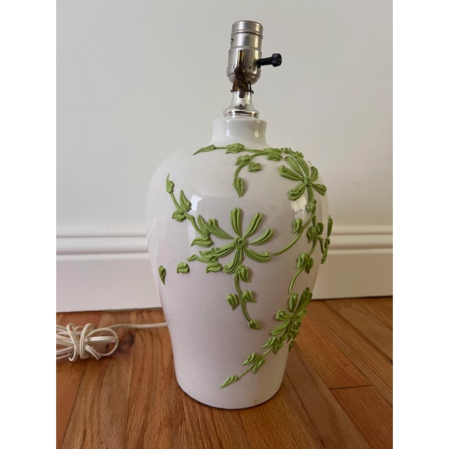 Mid-Century Modern Vintage Ceramic Lamp With Applied Green Floral Motif For Sale - Image 3 of 6