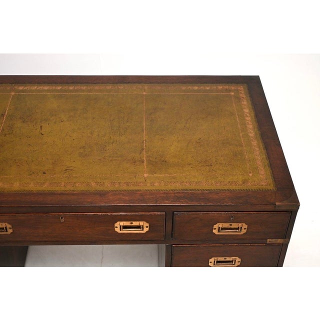 Military Campaign Leather Top Pedestal Desk, 1930 For Sale - Image 6 of 10